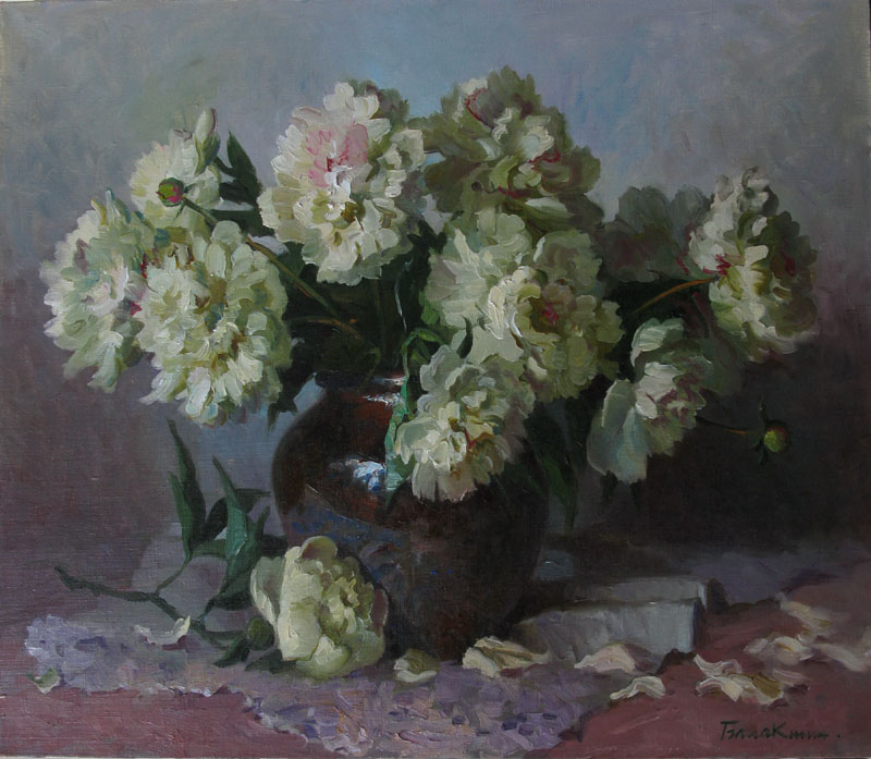 (image for) Handmade oil painting Copy paintings of famous artists Balakshin's art for sale,White peonies - Click Image to Close